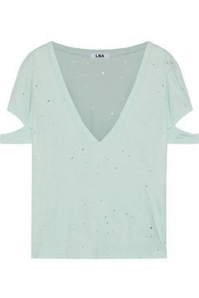 Shop Lna Distressed Cutout Cotton-jersey T-shirt In Mint