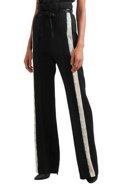 Shop Ann Demeulemeester Woman Lace-trimmed Wool-blend Wide-leg Pants Black