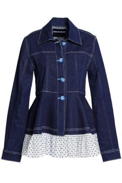 Shop House Of Holland Woman Polka-dot Tulle-trimmed Denim Peplum Jacket Dark Denim