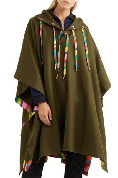 Shop Mira Mikati Woman Embellished Wool-blend Hooded Cape Army Green