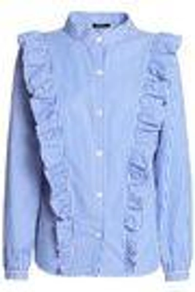 Shop Raoul Woman Ruffled Striped Cotton-poplin Shirt Blue