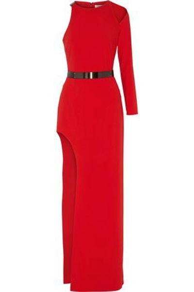Shop Halston Heritage Woman One-shoulder Embellished Stretch-crepe Gown Red