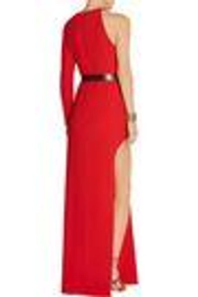 Shop Halston Heritage Woman One-shoulder Embellished Stretch-crepe Gown Red