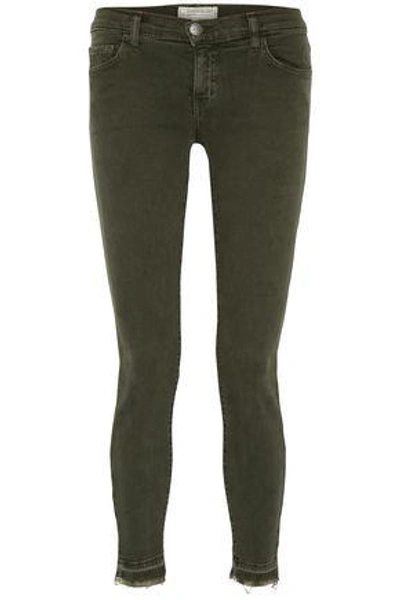 Shop Current Elliott Current/elliott Woman Frayed Low-rise Skinny Jeans Army Green