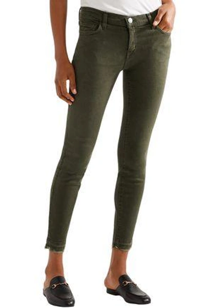 Shop Current Elliott Current/elliott Woman Frayed Low-rise Skinny Jeans Army Green