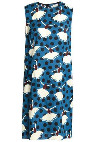 Shop Marni Woman Printed Cotton-poplin Dress Blue