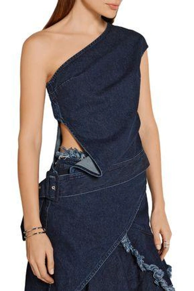 Shop Marques' Almeida Woman Belted One-shoulder Denim Top Dark Denim