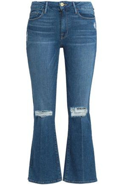 Shop Frame Distressed Mid-rise Kick-flare Jeans In Dark Denim