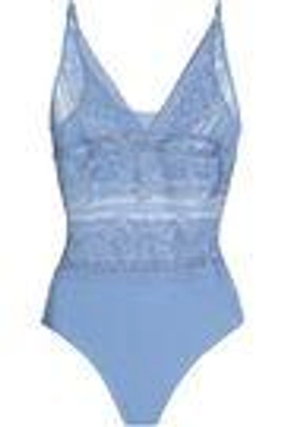 Shop Stella Mccartney Woman Ophelia Whispering Lace And Stretch-jersey Bodysuit Light Blue