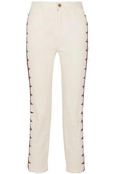 Shop Chloé Woman Cropped Embroidered High-rise Straight-leg Jeans Ecru