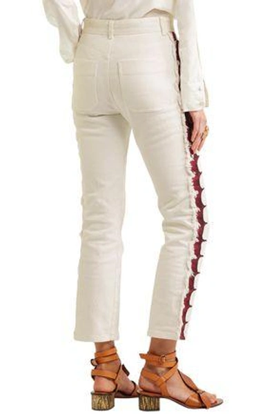 Shop Chloé Woman Cropped Embroidered High-rise Straight-leg Jeans Ecru