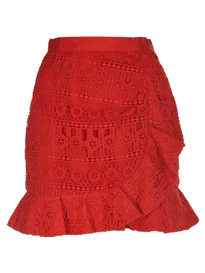 Shop Self-portrait Asymmetric Ruffled Skirt In Red