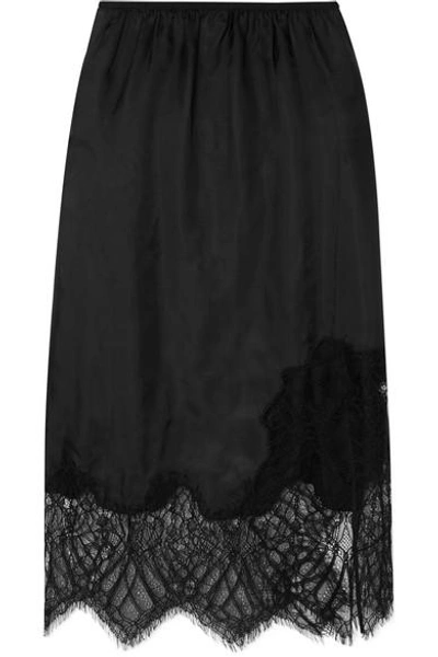 Shop Helmut Lang Lace-trimmed Satin Midi Skirt In Black