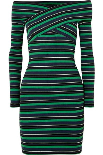 Shop Opening Ceremony Off-the-shoulder Striped Ribbed Stretch-cotton Mini Dress In Green