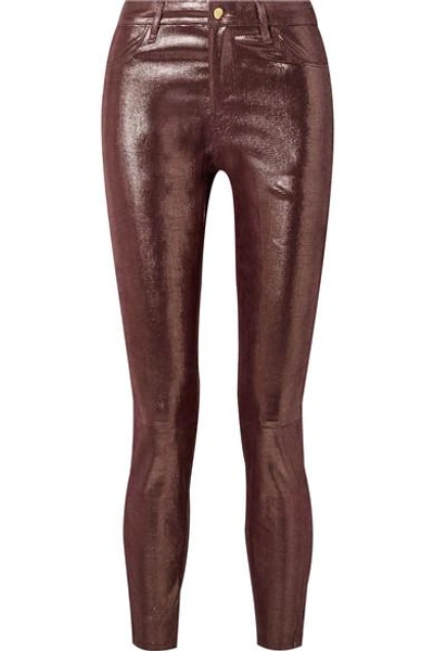 Shop J Brand Metallic Snake-effect Leather Skinny Pants In Burgundy