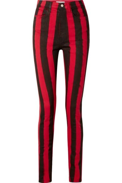 Shop Tre Patti High-rise Striped Stch-cotton Skinny Jeans In Crimson