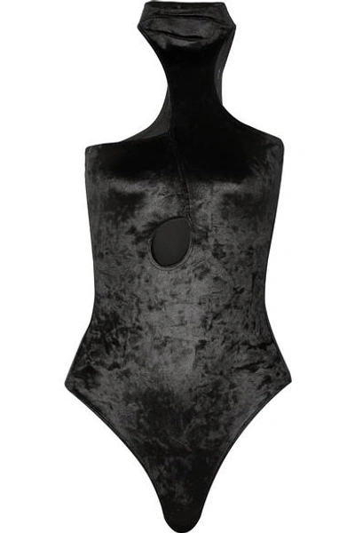 Shop Marika Vera Flavia Cutout Stretch Crushed-velvet Turtleneck Thong Bodysuit In Black