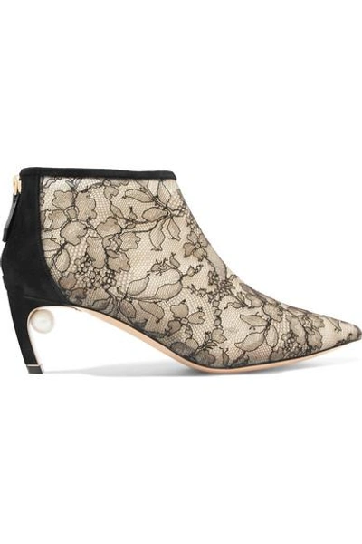 Shop Nicholas Kirkwood Mira Faux Pearl-embellished Lace And Suede Ankle Boots In Black