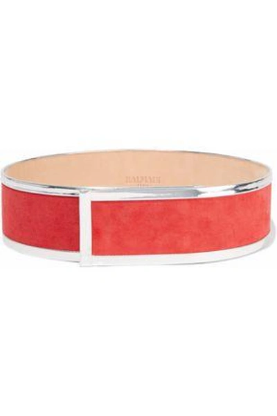 Shop Balmain Woman Metallic Leather-trimmed Suede Belt Red