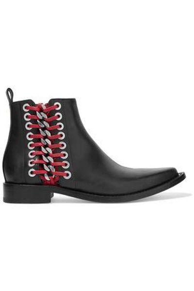 Shop Alexander Mcqueen Woman Lace-up Embellished Leather Ankle Boots Black