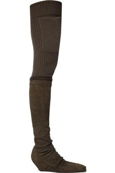 Shop Rick Owens Woman Rib-paneled Nubuck Thigh Boots Taupe