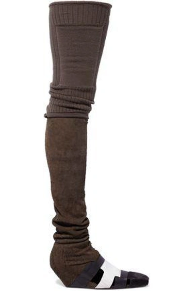 Shop Rick Owens Woman Leather-trimmed Suede And Calf Hair Thigh Boots Chocolate In Multicolor