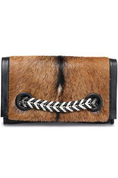 Shop Roberto Cavalli Woman Chain-trimmed Goat Hair And Leather Clutch Tan