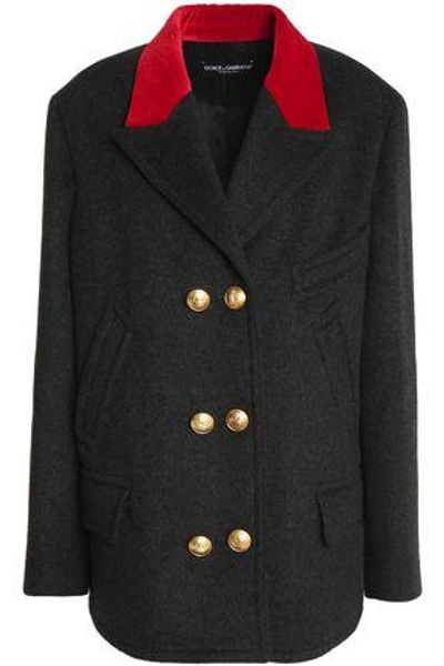 Shop Dolce & Gabbana Double-breasted Velvet-trimmed Wool And Cotton-blend Jacket In Charcoal