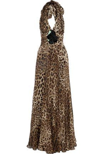 Shop Dolce & Gabbana Woman Floral-appliquéd Gathered Leopard-print Silk-chiffon Halterneck Gown Animal Pr In Animal Print