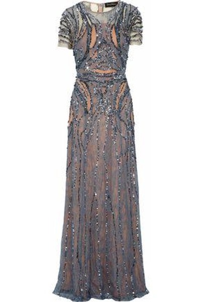 Shop Jenny Packham Sequined Chantilly Lace And Tulle Gown In Navy