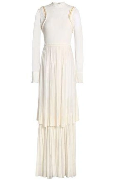 Shop Roberto Cavalli Woman Tiered Embellished Pleated Stretch-knit Gown Ivory