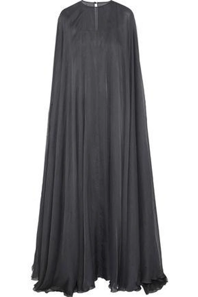 Shop Valentino Woman Cape-effect Silk-blend Chiffon Gown Dark Gray