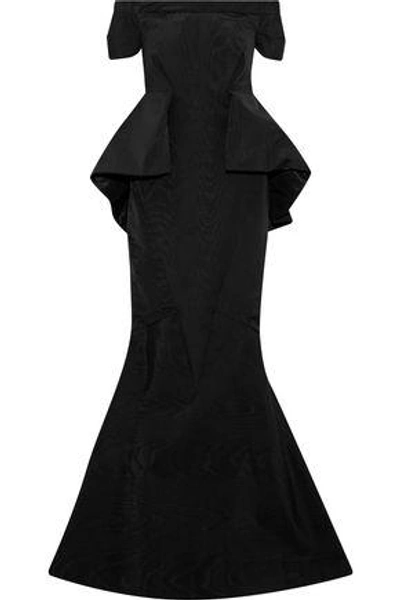 Shop Zac Posen Woman Off-the-shoulder Faille Peplum Gown Black