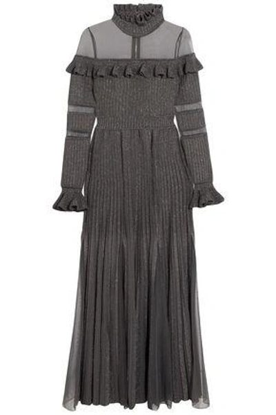 Shop Elie Saab Woman Tulle-paneled Ruffled Metallic Ribbed-knit Gown Gray