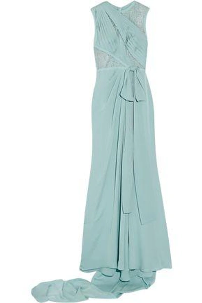 Shop Elie Saab Woman Lace-paneled Pleated Silk-blend Georgette Gown Teal