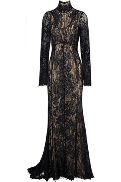 Shop J.mendel Woman Embellished Embroidered Cotton-blend Lace Gown Black