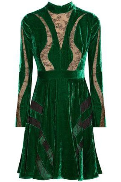 Shop Elie Saab Woman Chantilly Lace-paneled Crushed-velvet Dress Forest Green