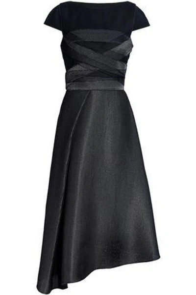 Shop Amanda Wakeley Asymmetric Wool-blend Felt-paneled Mesh Midi Dress In Black