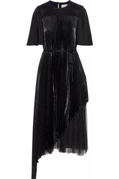 Shop Christopher Kane Woman Layered Pleated Tulle-paneled  Silk-blend Lamé Midi Dress Black