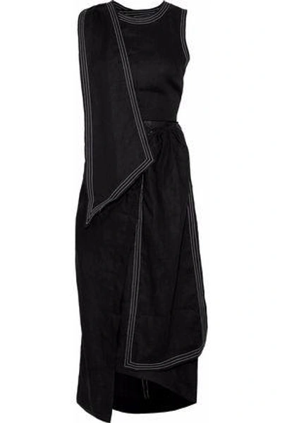 Shop Paper London Woman Cutout Draped Linen Midi Dress Black