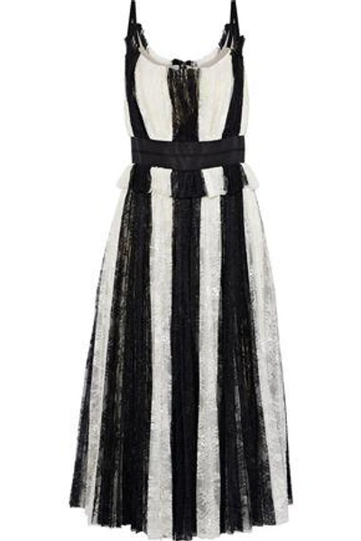 Shop Carolina Herrera Woman Satin-trimmed Striped Plissé-lace Midi Dress Black