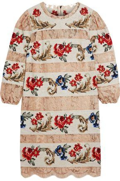 Shop Dolce & Gabbana Woman Paneled Lace And Jacquard Mini Dress Beige