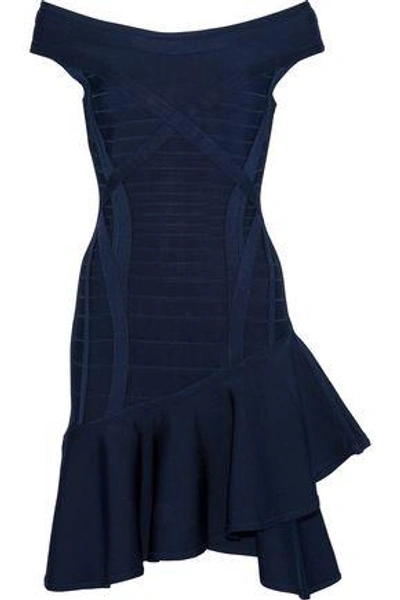 Shop Herve Leger Off-the-shoulder Ruffled Bandage Mini Dress In Midnight Blue