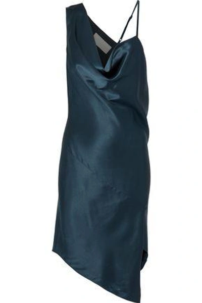 Shop Michelle Mason Woman Asymmetric Draped Silk-charmeuse Mini Dress Storm Blue