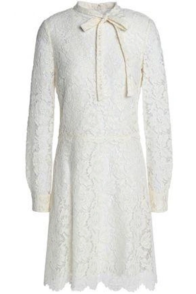 Shop Valentino Woman Pussy-bow Cotton-blend Corded Lace Mini Dress Ivory