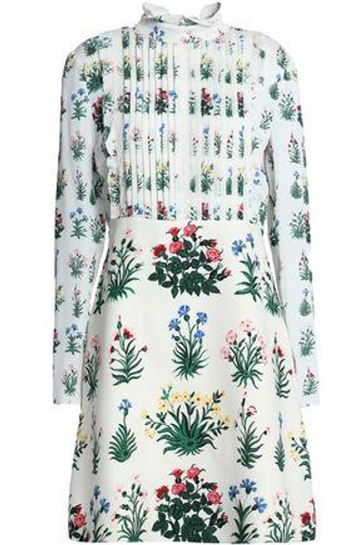 Shop Valentino Woman Pintucked Floral-print Crepe De Chine And Silk-twill Mini Dress Off-white