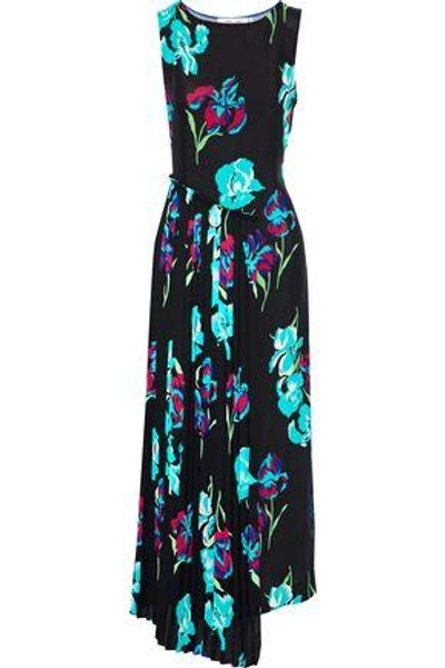 Shop Diane Von Furstenberg Woman Draped Crepe De Chine-paneled Floral-print Silk-twill Maxi Dress Black