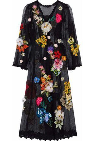 Shop Dolce & Gabbana Woman Floral-appliquéd Lace-trimmed Mesh Maxi Dress Black