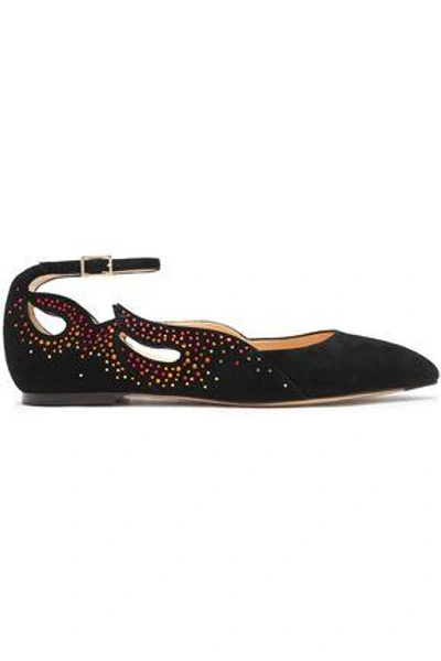 Shop Charlotte Olympia Woman Feelin' Hot Hot Hot Crystal-embellished Cutout Suede Point-toe Flats Black