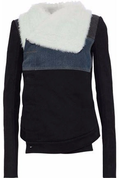 Shop Rick Owens Drkshdw Woman Shearling, Leather And Denim-paneled Cotton-twill Jacket Black